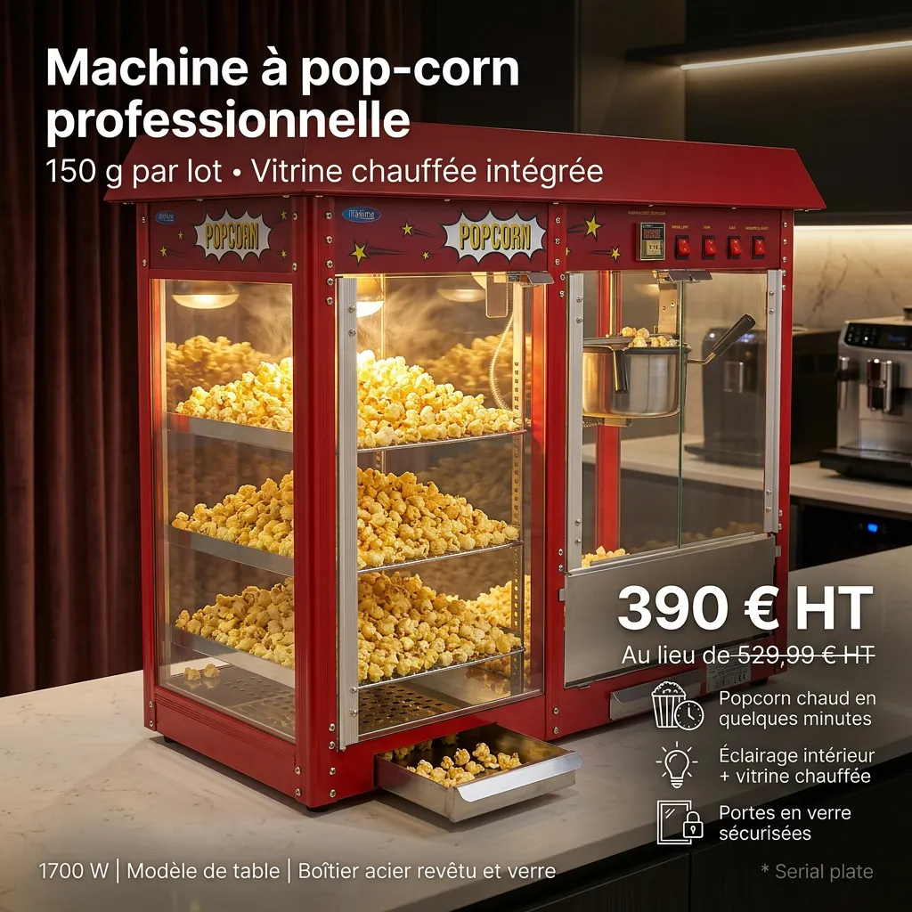 Machine à pop-corn professionnelle avec vitrine chauffée