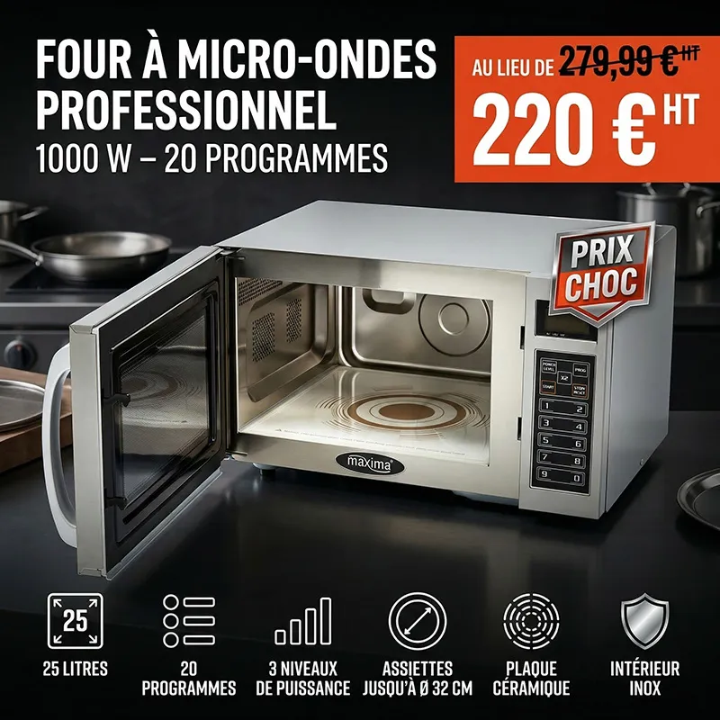 Four à micro-ondes professionnel - 1000 W - 20 programmes - assiettes jusqu'à Ø32 cm