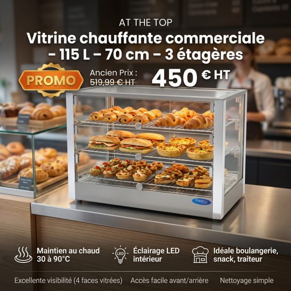 Vitrine chauffante commerciale - 115 l - 70 cm - 3 étagères