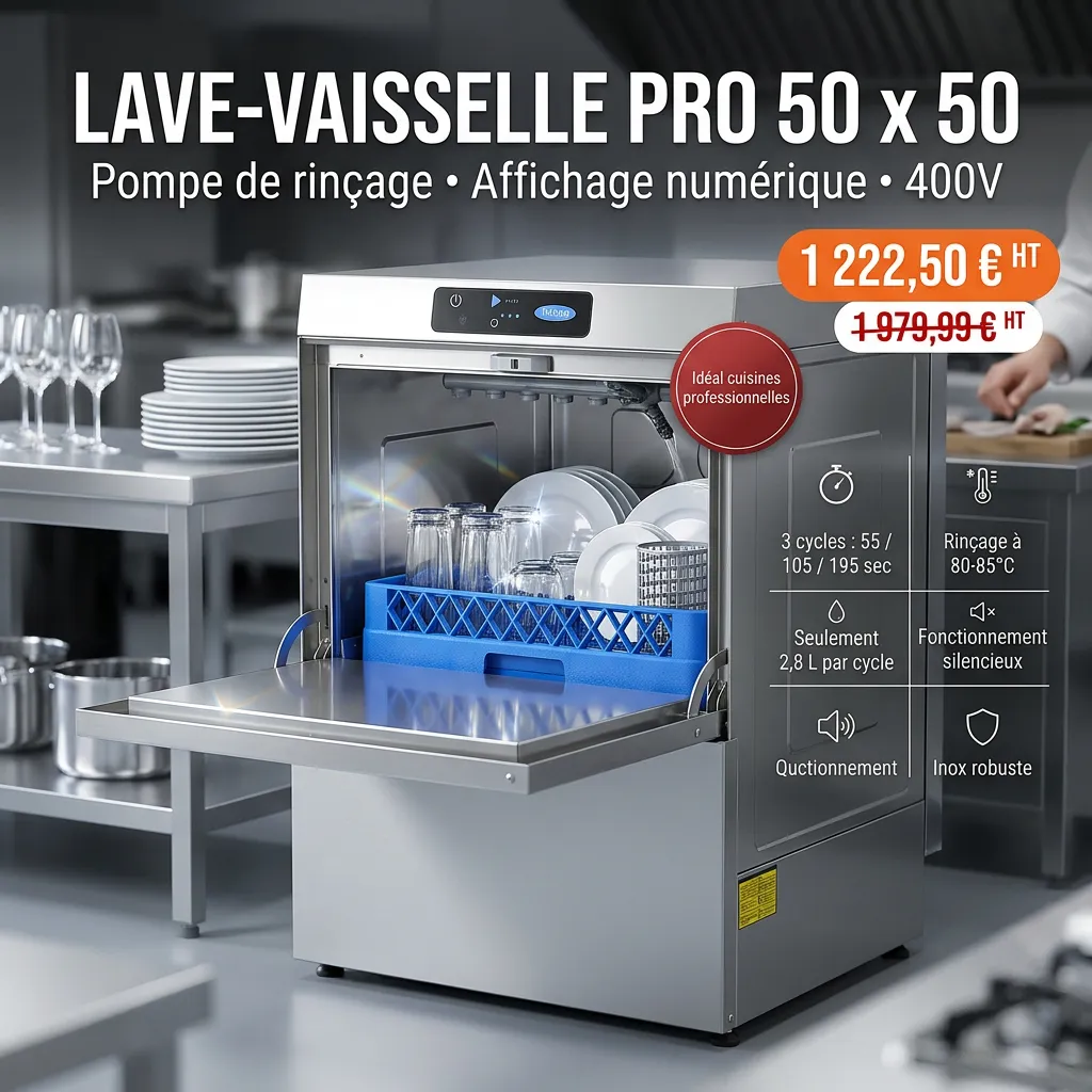 Lave-vaisselle encastrable professionnel - 50 x 50 cm - avec pompe auxiliaire - affichage numérique - 400 V