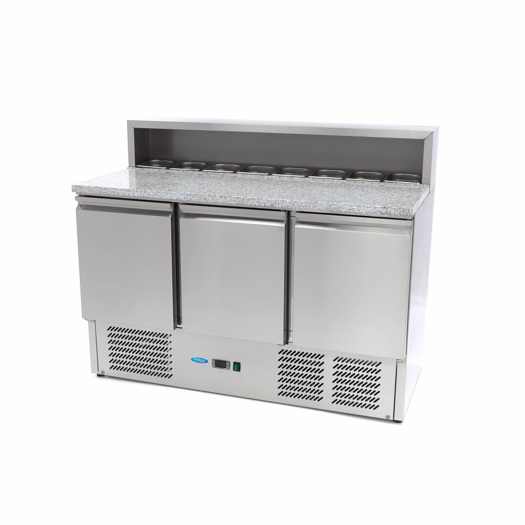 Réfrigérateur pour la préparation des pizzas - 137 cm - 3 portes - s'adapte à 8 x 1/6 GN - incl couvercle en acier inoxydable Réfrigérateur pour la préparation des pizzas - 137 cm - 3 portes - s'adapte à 8 x 1/6 GN - incl couvercle en acier inoxydable - Maxima – Image 1